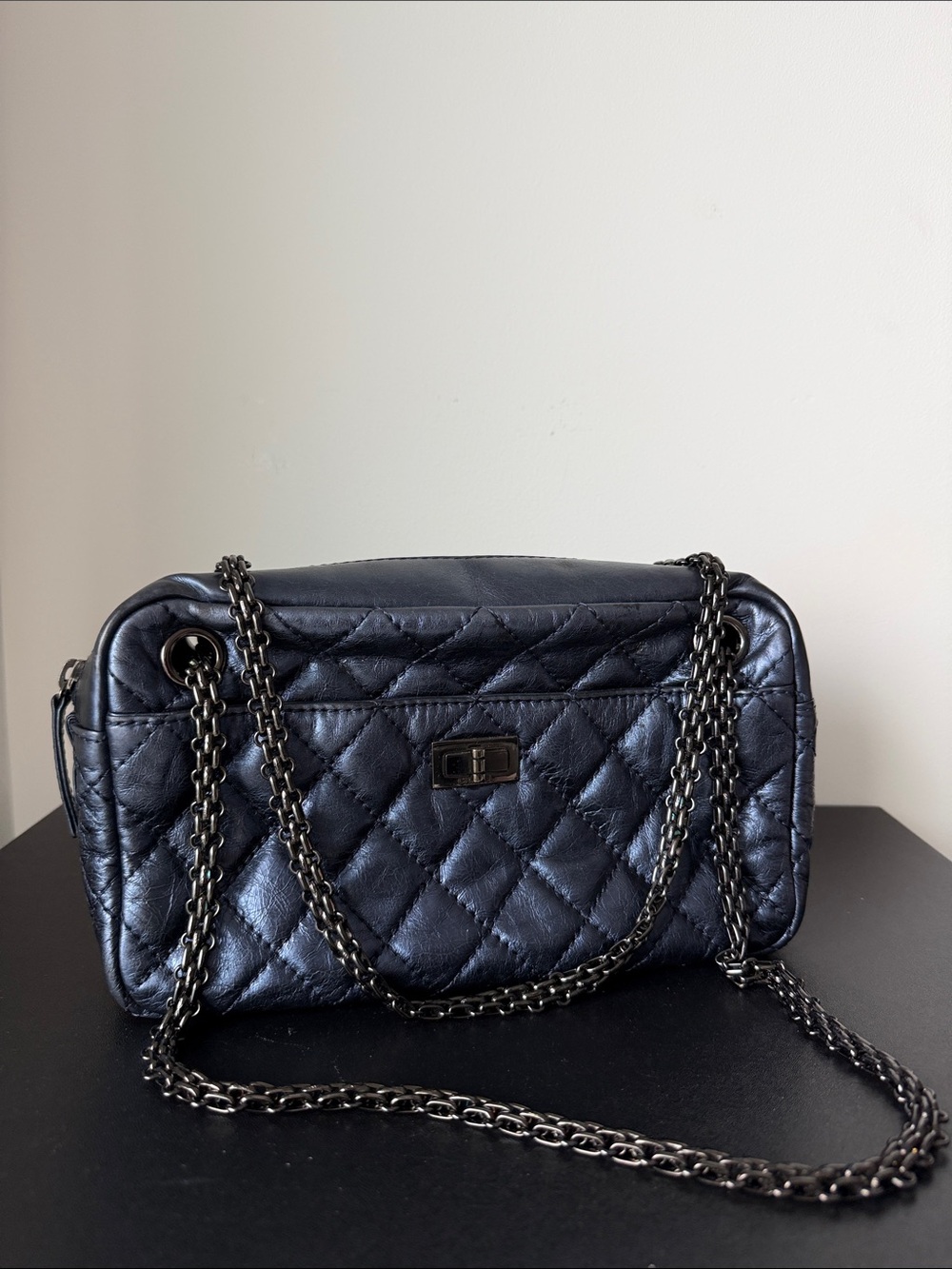 CHANEL Camera Bag Quilted Chain Shoulder Bag in Metallic Blue
